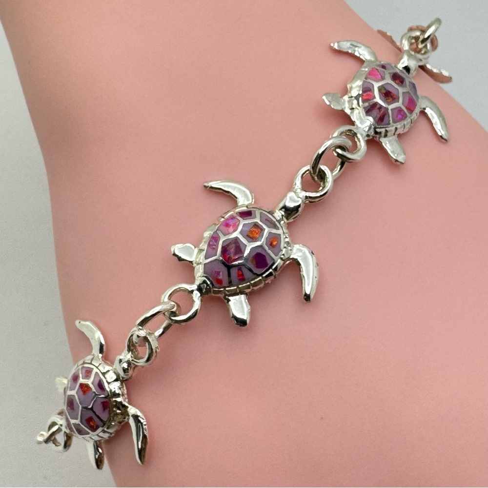 Vintage Vietta Taxco Mexico Pink Opal Sea Turtle Bracelet Silver Link Boho